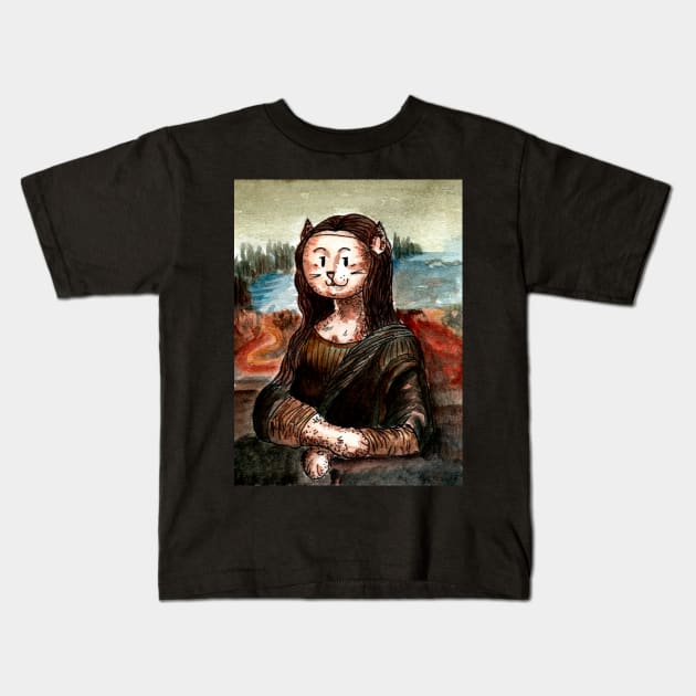 Kitty Mona Lisa Kids T-Shirt by repalheiros